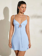 Light Blue A-Line Sweetheart Tie-Front Open-Back Light Mini Homecoming Dresses