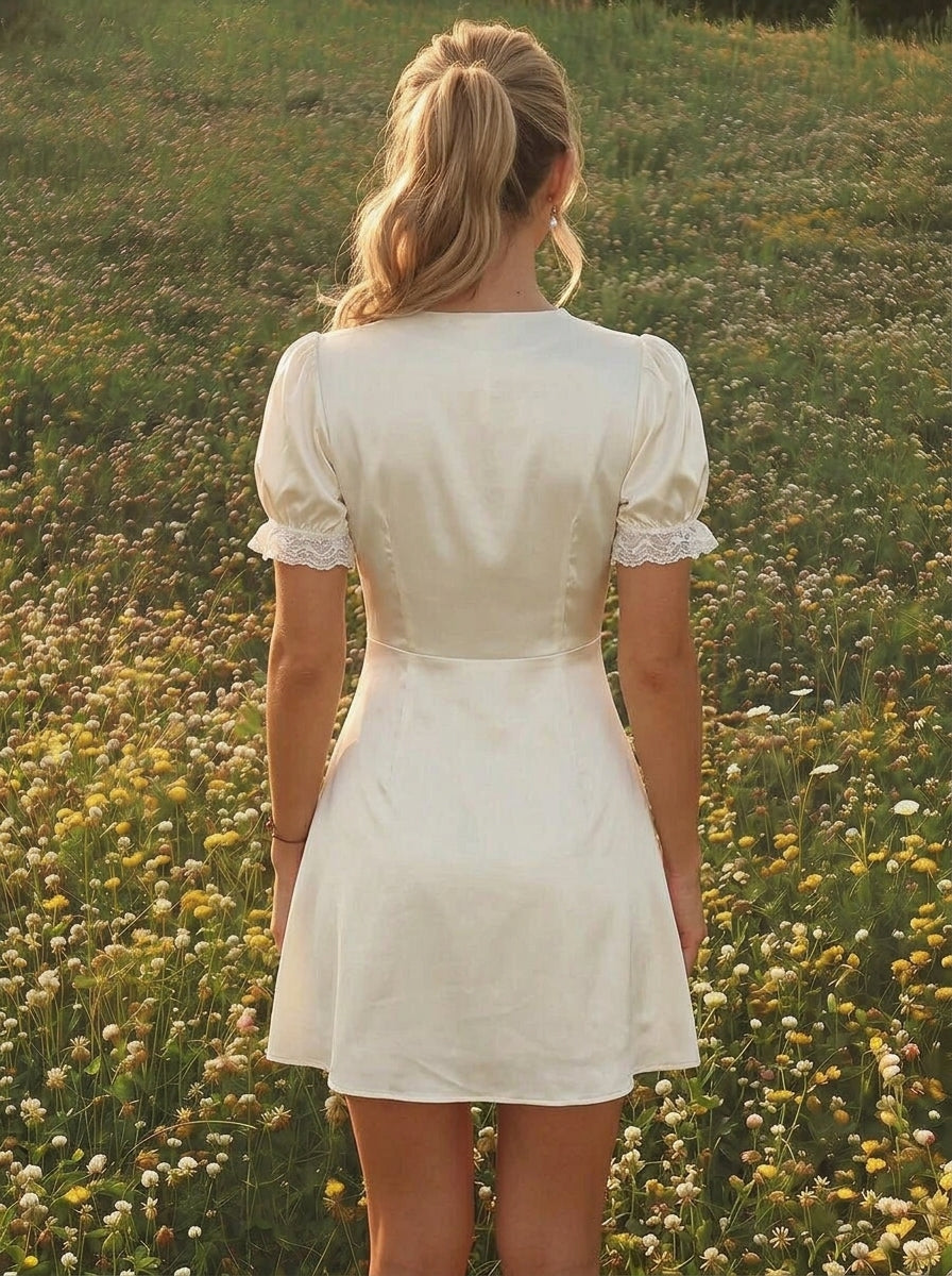 Ivory A-Line V-Neck Puff Sleeve Trim Mini Homecoming Dress