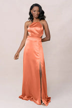 Chic Halter Neck Cutout Waist Tie-Back High Slit Column Floor-Length Bridesmaid Dress
