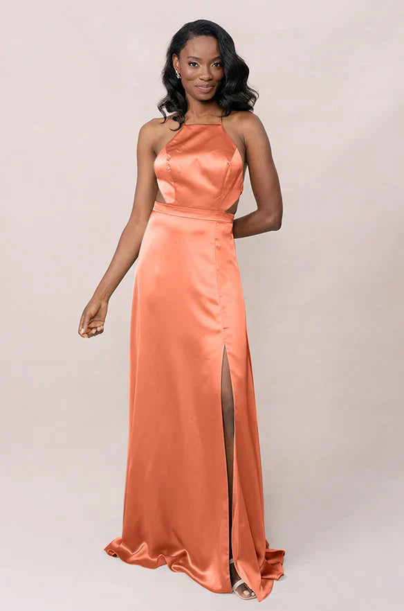 Chic Halter Neck Cutout Waist Tie-Back High Slit Column Floor-Length Bridesmaid Dress