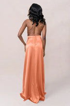 Chic Halter Neck Cutout Waist Tie-Back High Slit Column Floor-Length Bridesmaid Dress
