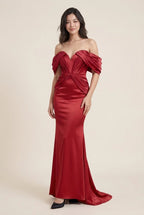 Wine Mermaid Off-Shoulder Ruched Wine Train Prom Dress Custom