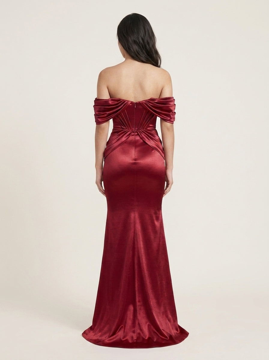 Wine Mermaid Off-Shoulder Ruched Wine Train Prom Dress Custom