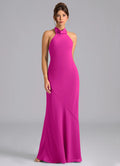 Chic fuchsia halter bridesmaid dress with open back, self-tie bow and sheath skirt