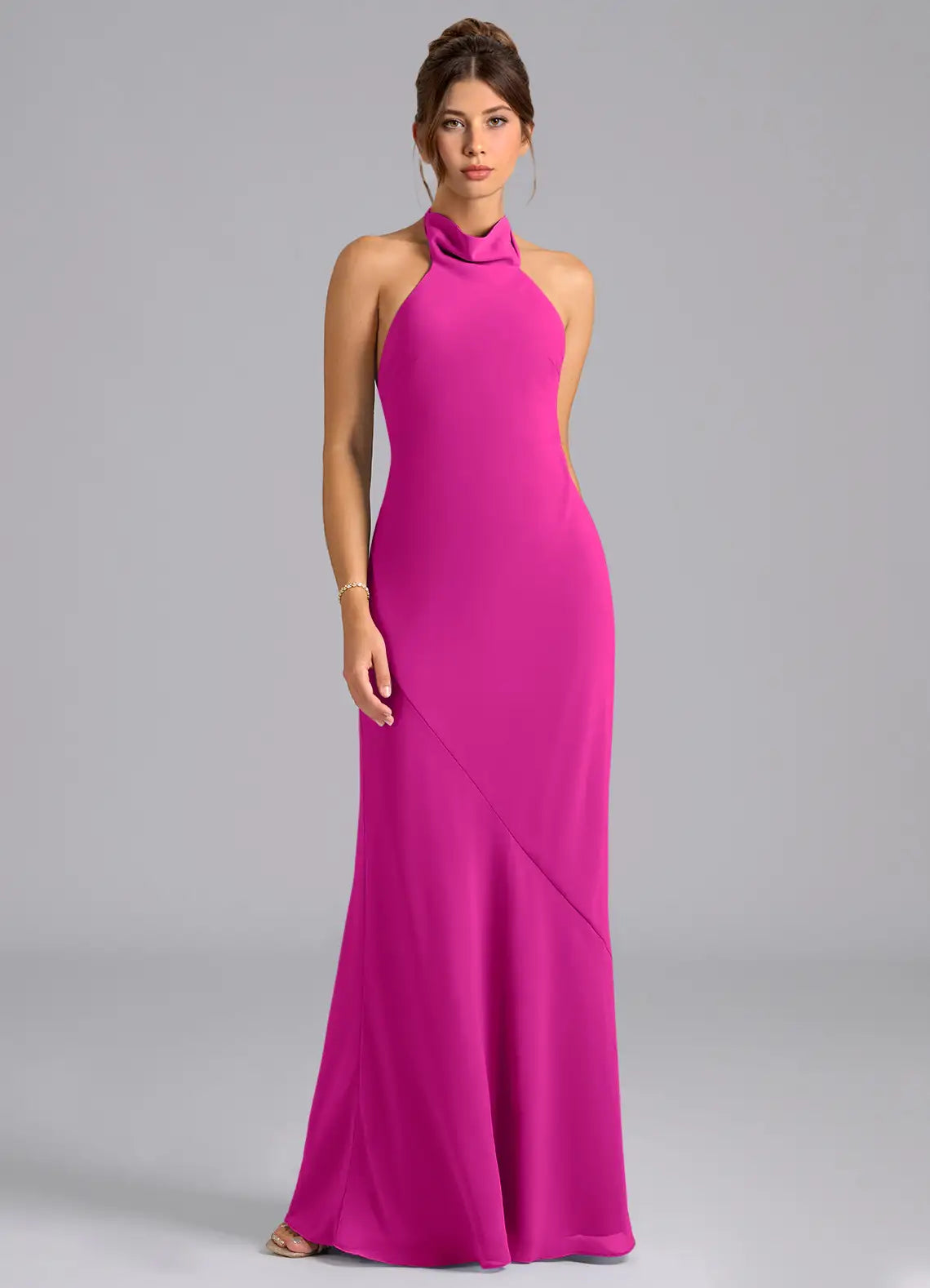 Chic fuchsia halter bridesmaid dress with open back, self-tie bow and sheath skirt