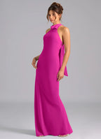 Chic fuchsia halter bridesmaid dress with open back, self-tie bow and sheath skirt