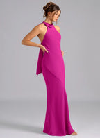 Chic fuchsia halter bridesmaid dress with open back, self-tie bow and sheath skirt