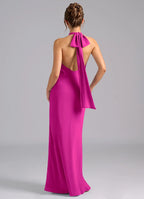 Chic fuchsia halter bridesmaid dress with open back, self-tie bow and sheath skirt