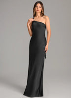 Chic satin one shoulder floor length bridesmaid dress with cutout back, self tie sash and sheath silhouette