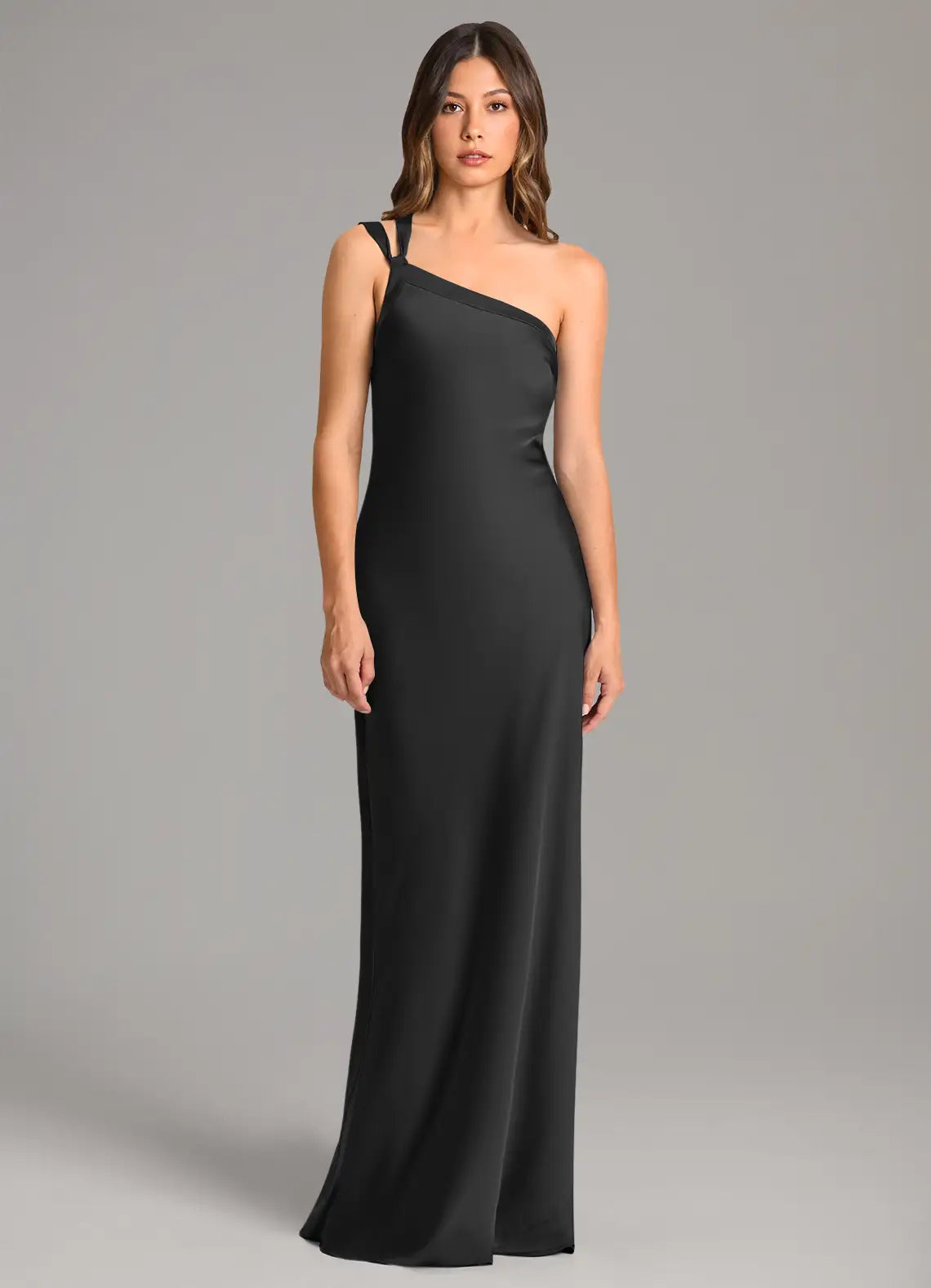 Chic satin one shoulder floor length bridesmaid dress with cutout back, self tie sash and sheath silhouette