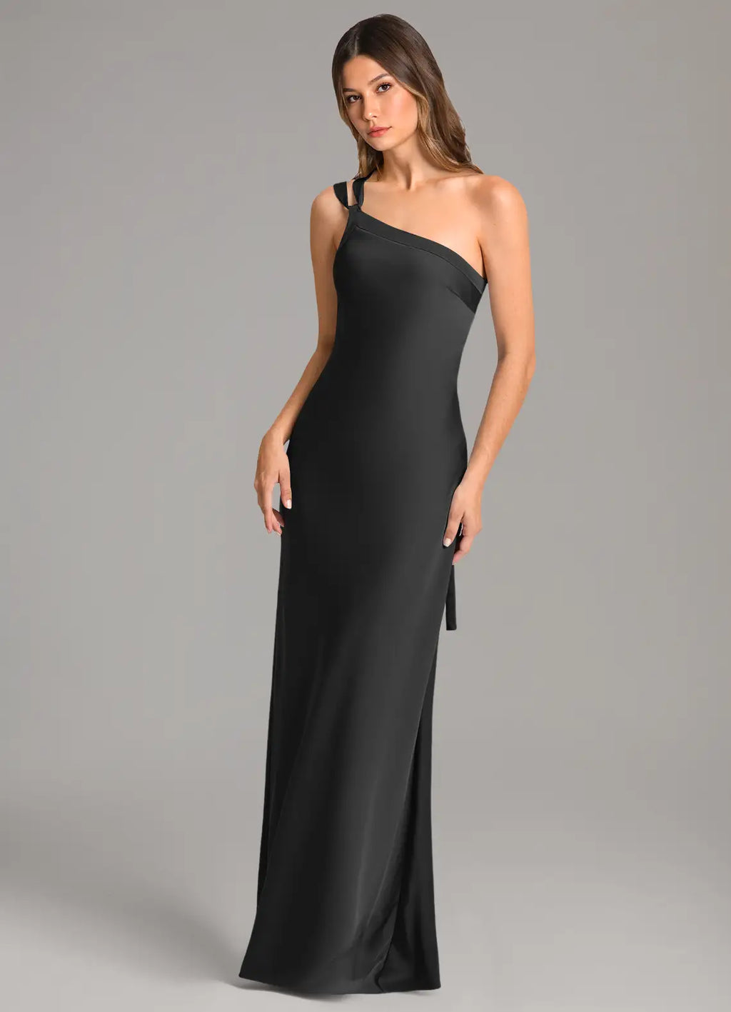 Chic satin one shoulder floor length bridesmaid dress with cutout back, self tie sash and sheath silhouette