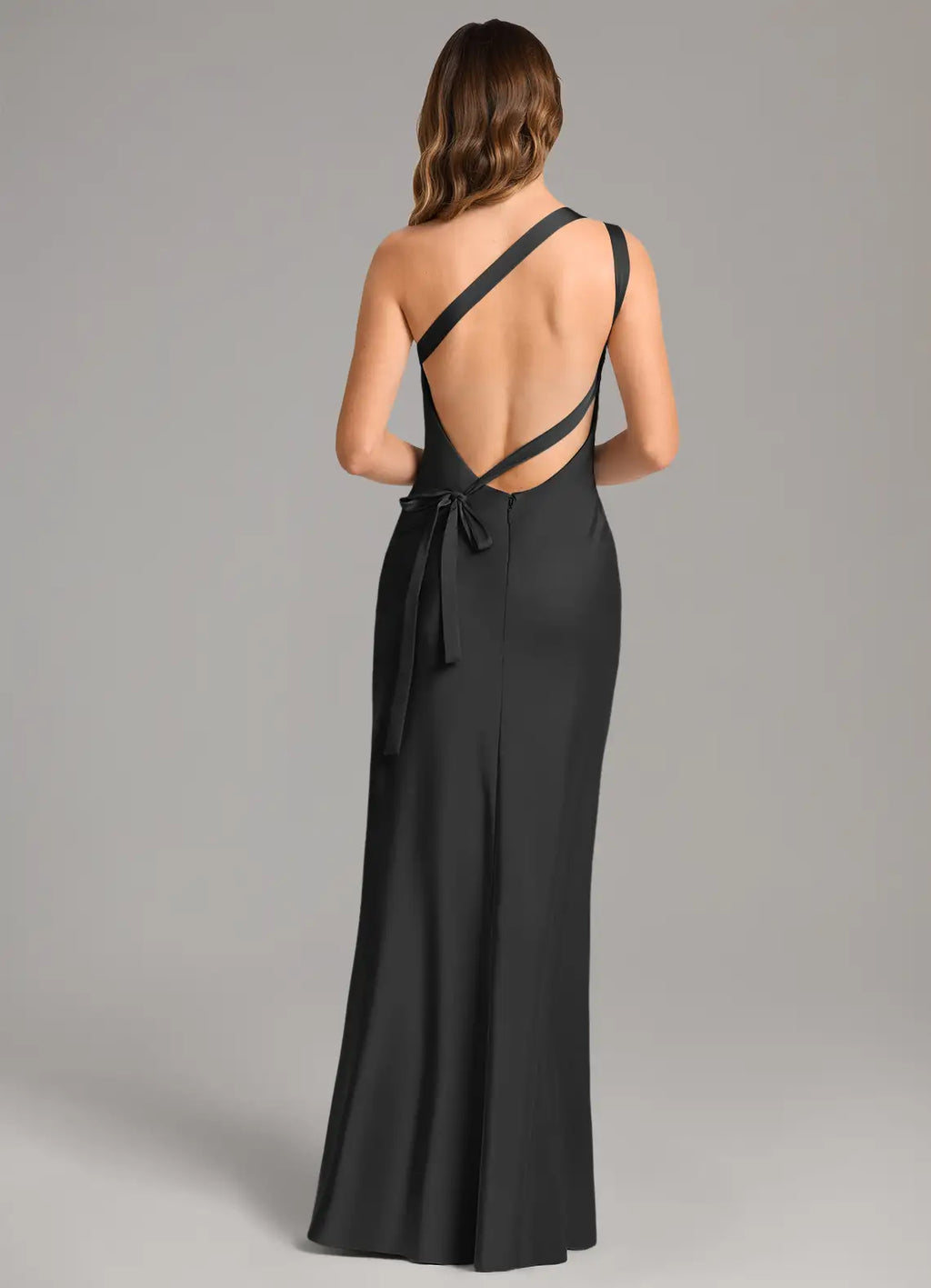 Chic satin one shoulder floor length bridesmaid dress with cutout back, self tie sash and sheath silhouette