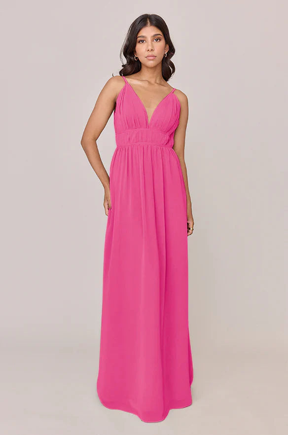 Chiffon Bridesmaid Dresses with Deep V-Neck, Spaghetti Straps, Empire Waist and Flowing Skirt Formal Gown