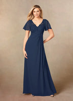 Navy Dress Elegant Dark A-Line V-Neck Dress Floor-Length Flutter Sleeve Illusion Back Plus Size Mother of the Bride Dress