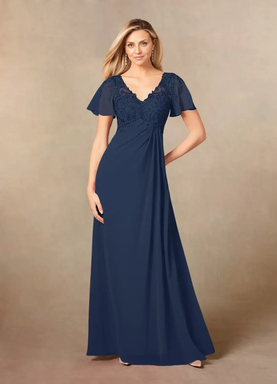 Navy Dress Elegant Dark A-Line V-Neck Dress Floor-Length Flutter Sleeve Illusion Back Plus Size Mother of the Bride Dress