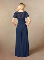 Navy Dress Elegant Dark A-Line V-Neck Dress Floor-Length Flutter Sleeve Illusion Back Plus Size Mother of the Bride Dress