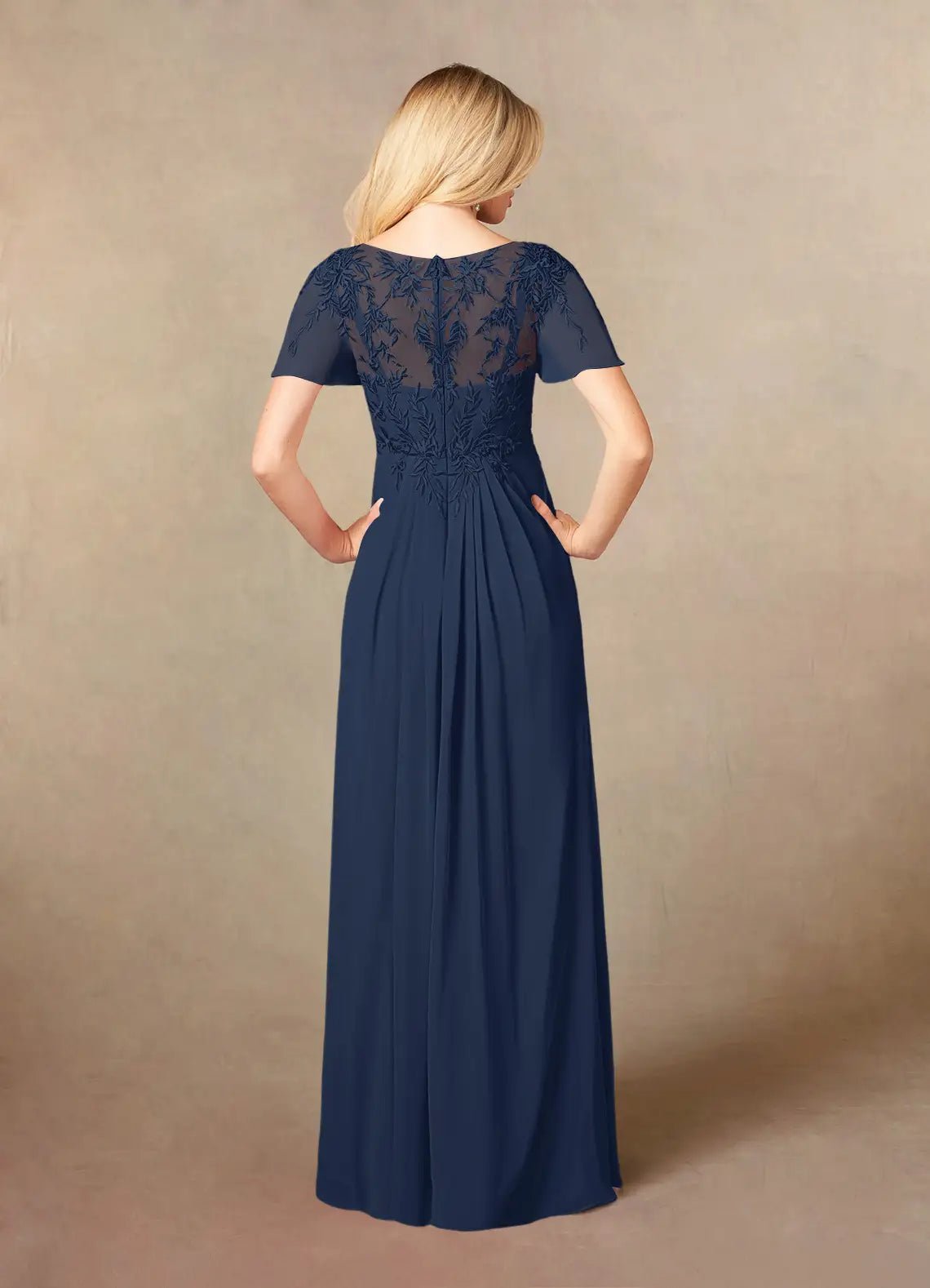 Navy Dress Elegant Dark A-Line V-Neck Dress Floor-Length Flutter Sleeve Illusion Back Plus Size Mother of the Bride Dress