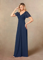 Navy Dress Elegant Dark A-Line V-Neck Dress Floor-Length Flutter Sleeve Illusion Back Plus Size Mother of the Bride Dress