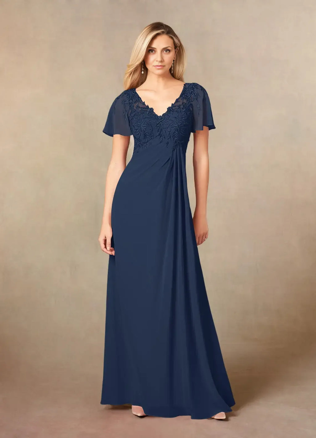 Navy Dress Elegant Dark A-Line V-Neck Dress Floor-Length Flutter Sleeve Illusion Back Plus Size Mother of the Bride Dress