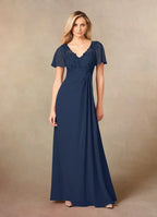 Navy Dress Elegant Dark A-Line V-Neck Dress Floor-Length Flutter Sleeve Illusion Back Plus Size Mother of the Bride Dress
