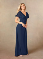 Navy Dress Elegant Dark A-Line V-Neck Dress Floor-Length Flutter Sleeve Illusion Back Plus Size Mother of the Bride Dress