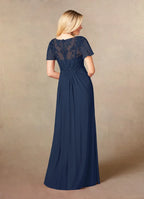 Navy Dress Elegant Dark A-Line V-Neck Dress Floor-Length Flutter Sleeve Illusion Back Plus Size Mother of the Bride Dress