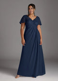 Navy Dress Elegant Dark A-Line V-Neck Dress Floor-Length Flutter Sleeve Illusion Back Plus Size Mother of the Bride Dress
