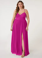 Chiffon bridesmaid dress with spaghetti straps, twist front, back bow tie, and high slit