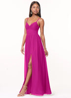 Chiffon bridesmaid dress with spaghetti straps, twist front, back bow tie, and high slit