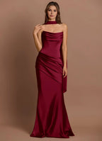 Choker Neck Satin Mermaid Cape Back Ruffled Side Floor Length For Ladies Prom Dress