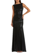 Classic Mermaid Boat Neck Sleeveless Draped Back Floor Length Evening Dress