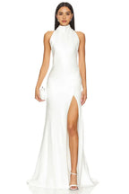 Luxe Sheath Turtleneck Halter Sleeveless Draped Back Floor Length Prom Dress