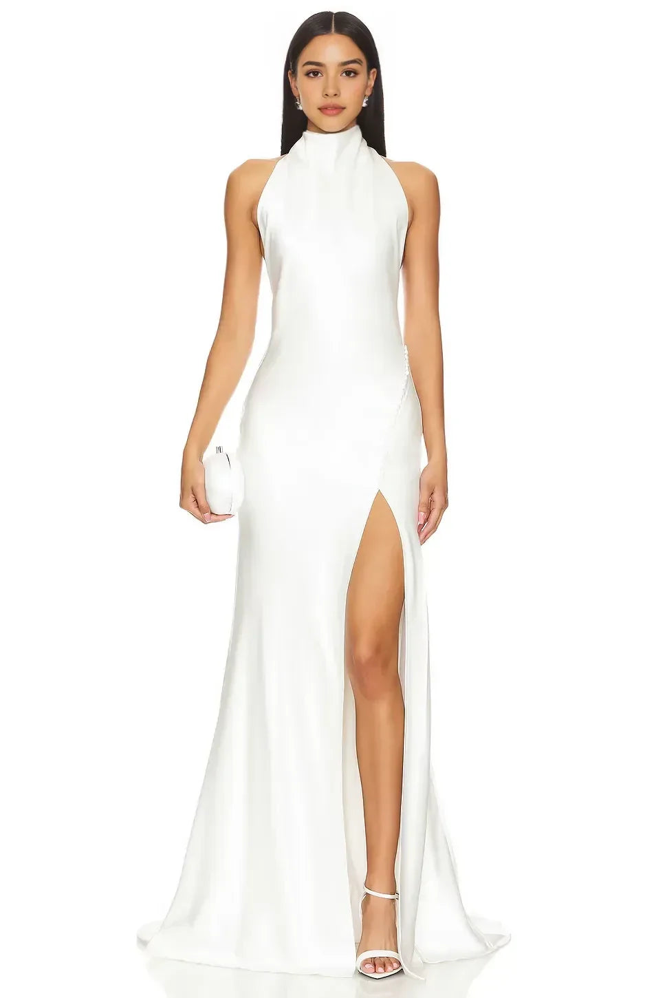 Luxe Sheath Turtleneck Halter Sleeveless Draped Back Floor Length Prom Dress