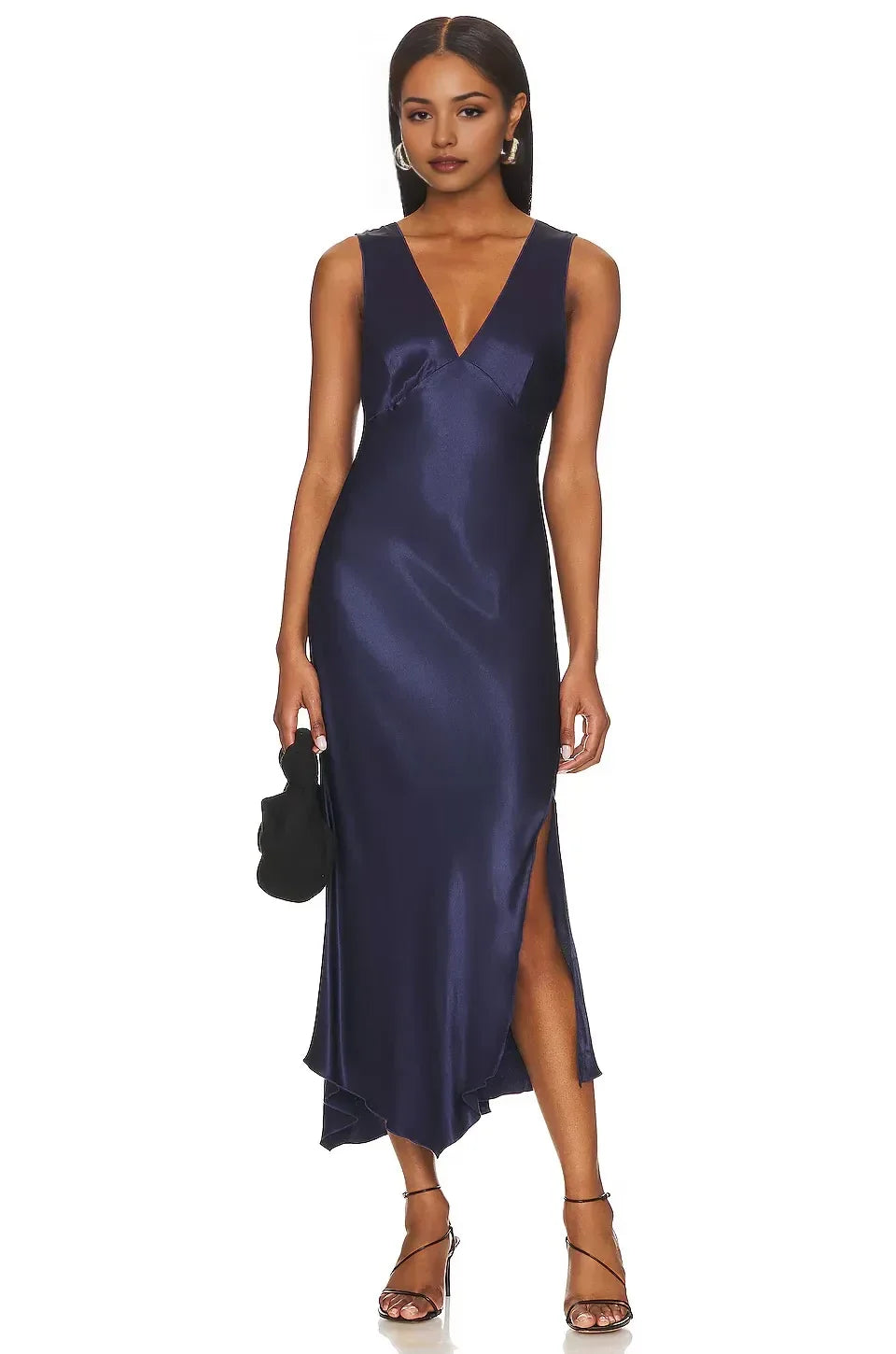 Stylish Sheath V Neck Sleeveless Asymmetric Hem Midi Length Evening Dress