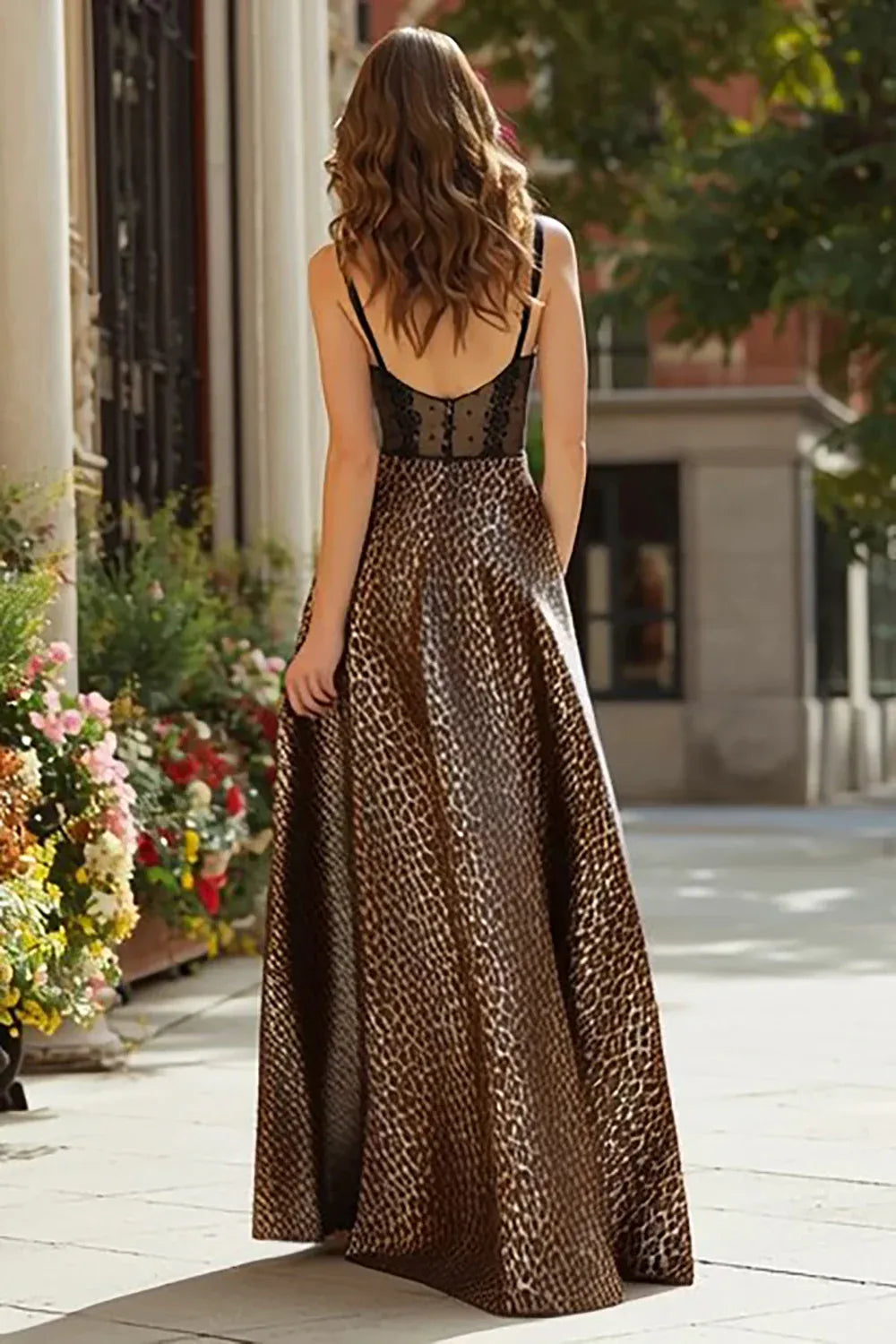 A-Line Corset Sleeveless Leopard Print Floor-Length Prom Dress