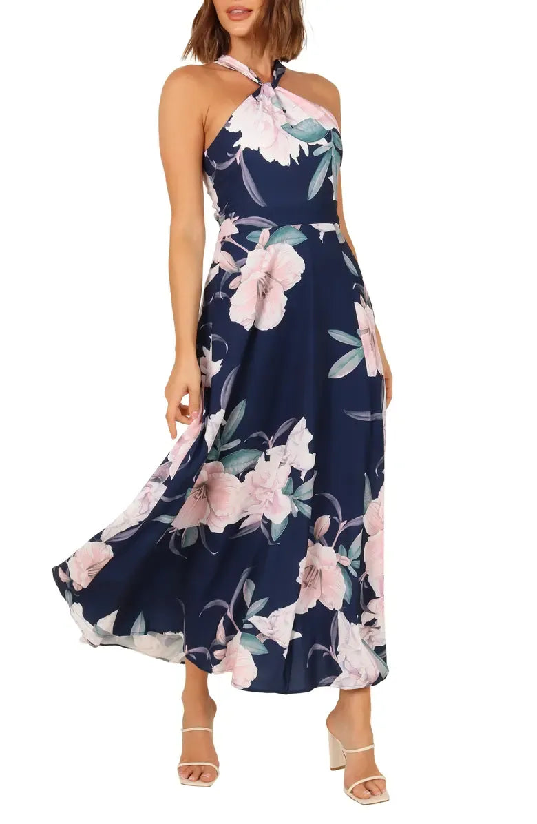 A-Line Halter Neck Sleeveless Backless Ankle-Length Prom Dress