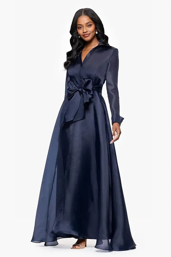 A-Line Shirt Collared Long Sleeve Full Coverage Back Floor-Length Prom Dress