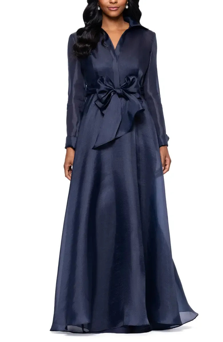 A-Line Shirt Collared Long Sleeve Full Coverage Back Floor-Length Prom Dress