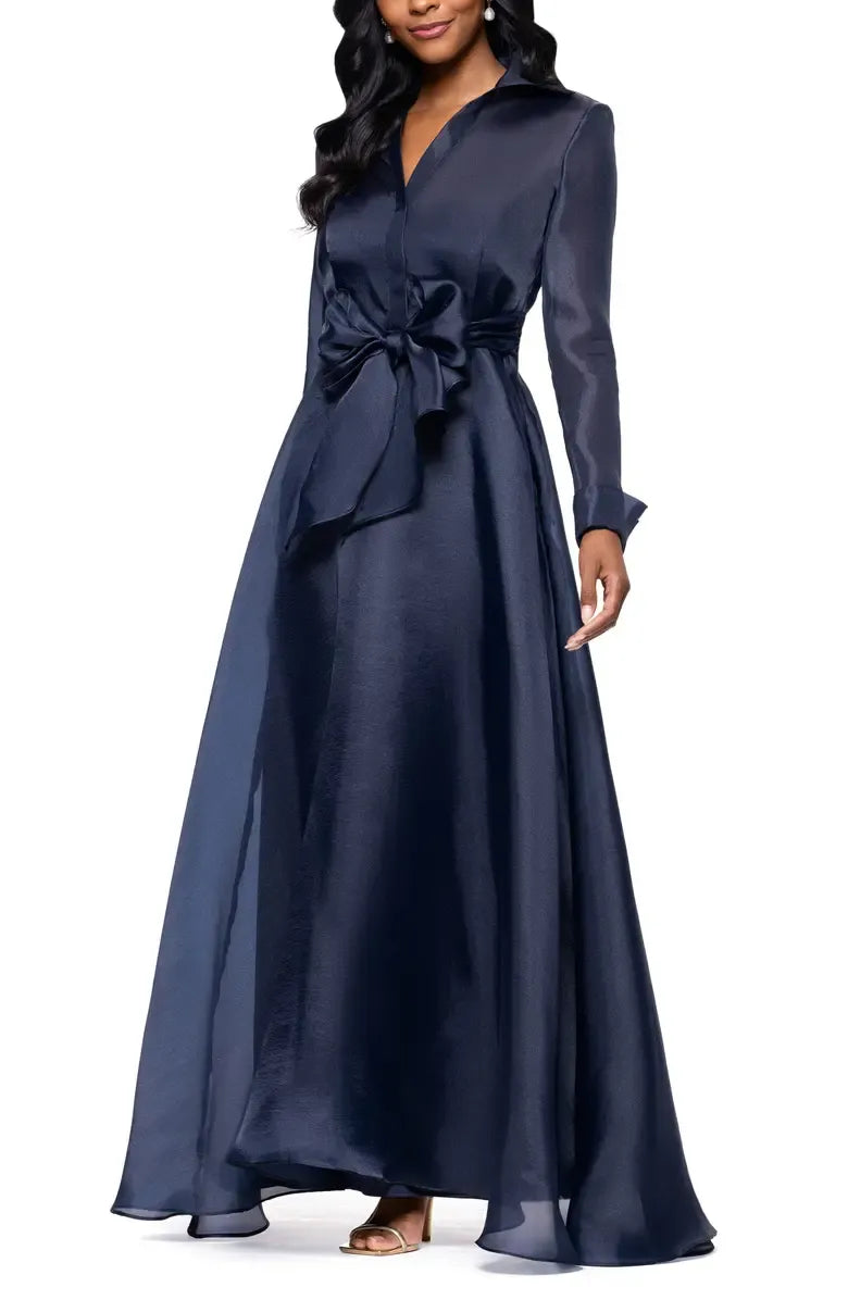 A-Line Shirt Collared Long Sleeve Full Coverage Back Floor-Length Prom Dress