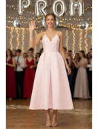 Classic A-Line Spaghetti Strap Pleated Satin Blush Tea Length Prom Dress
