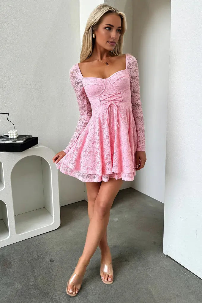 A-Line Square Neck Long Sleeve Pleated Ruffles Short-Mini Homecoming Dress
