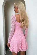 A-Line Square Neck Long Sleeve Pleated Ruffles Short-Mini Homecoming Dress