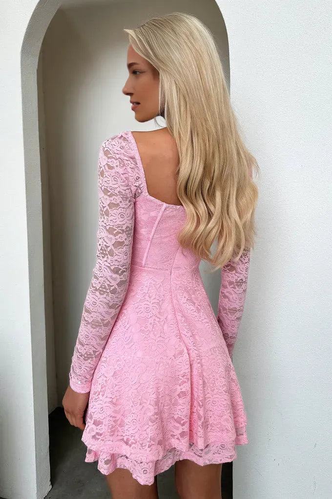 A-Line Square Neck Long Sleeve Pleated Ruffles Short-Mini Homecoming Dress