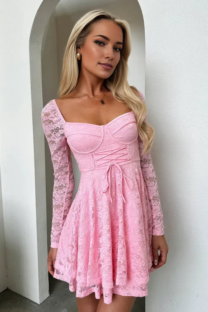 A-Line Square Neck Long Sleeve Pleated Ruffles Short-Mini Homecoming Dress