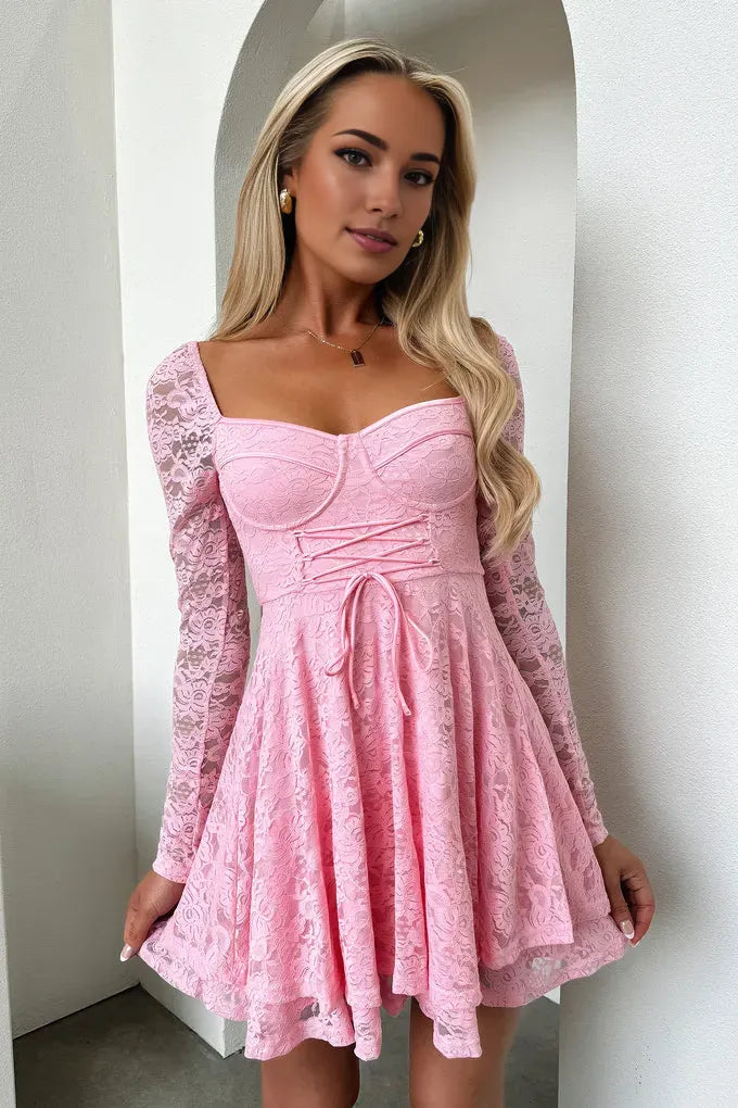 A-Line Square Neck Long Sleeve Pleated Ruffles Short-Mini Homecoming Dress