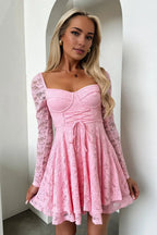 A-Line Square Neck Long Sleeve Pleated Ruffles Short-Mini Homecoming Dress