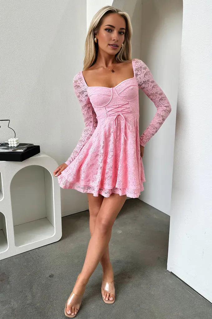 A-Line Square Neck Long Sleeve Pleated Ruffles Short-Mini Homecoming Dress