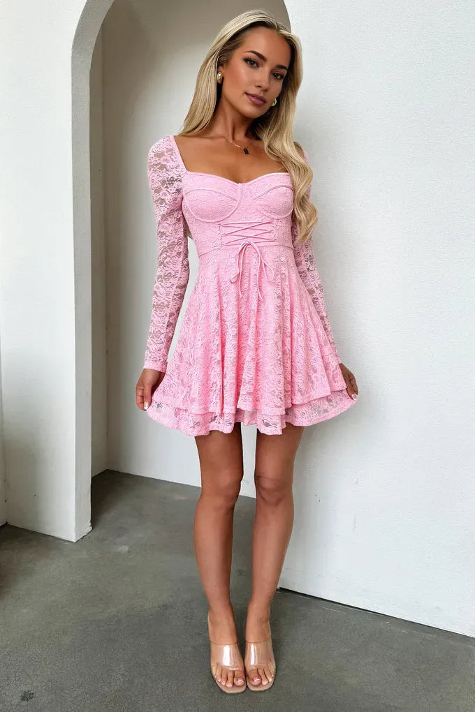 A-Line Square Neck Long Sleeve Pleated Ruffles Short-Mini Homecoming Dress
