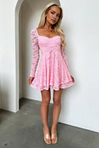 A-Line Square Neck Long Sleeve Pleated Ruffles Short-Mini Homecoming Dress