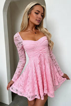 A-Line Square Neck Long Sleeve Pleated Ruffles Short-Mini Homecoming Dress
